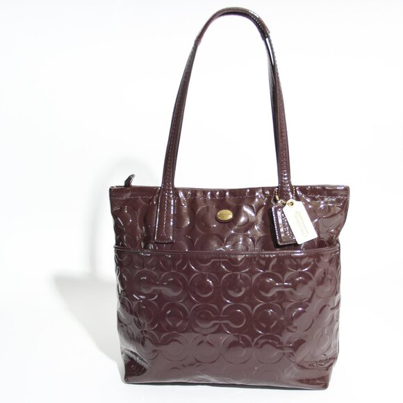 Coach Embossed Patent Leather Peyton Signature C Plum Purple Tote Bag Purse - Picture 1 of 16